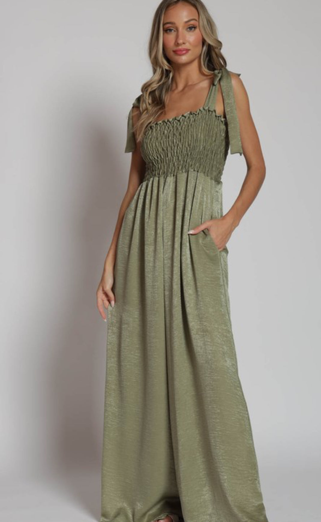 Satin smocking jumpsuit