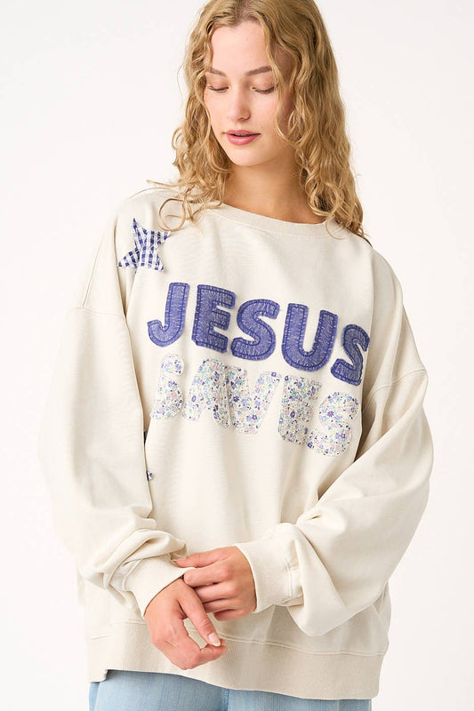 JESUS SAVES PATCHWORK CREW NECK SWEATSHIRT