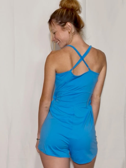 Crossed Spaghetti Strap Drawstring Waist Sporty Romper
