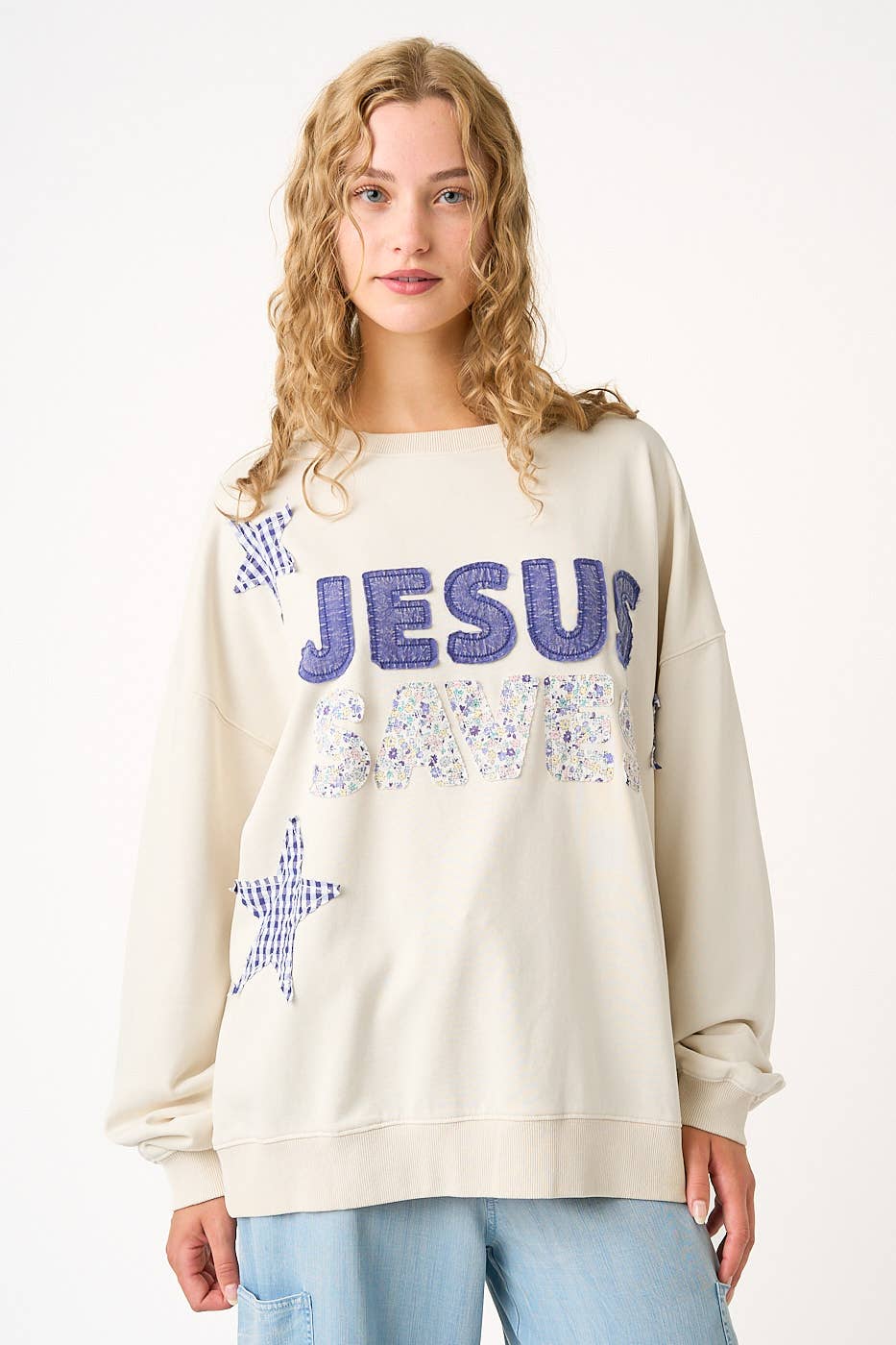 JESUS SAVES PATCHWORK CREW NECK SWEATSHIRT