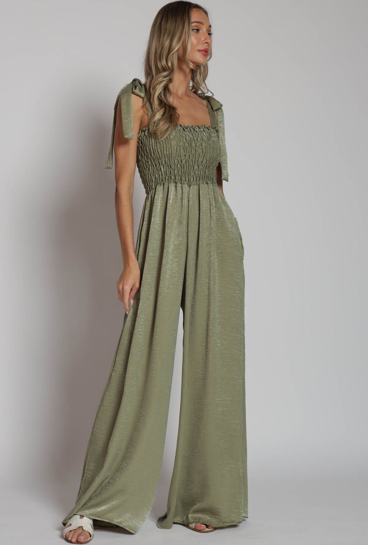 Satin smocking jumpsuit